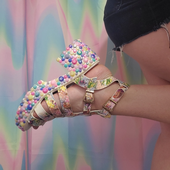 RARE Y2k Bejeweled Kawaii Pastel Nicole Lee Sandal Block Heels - Picture 10 of 10